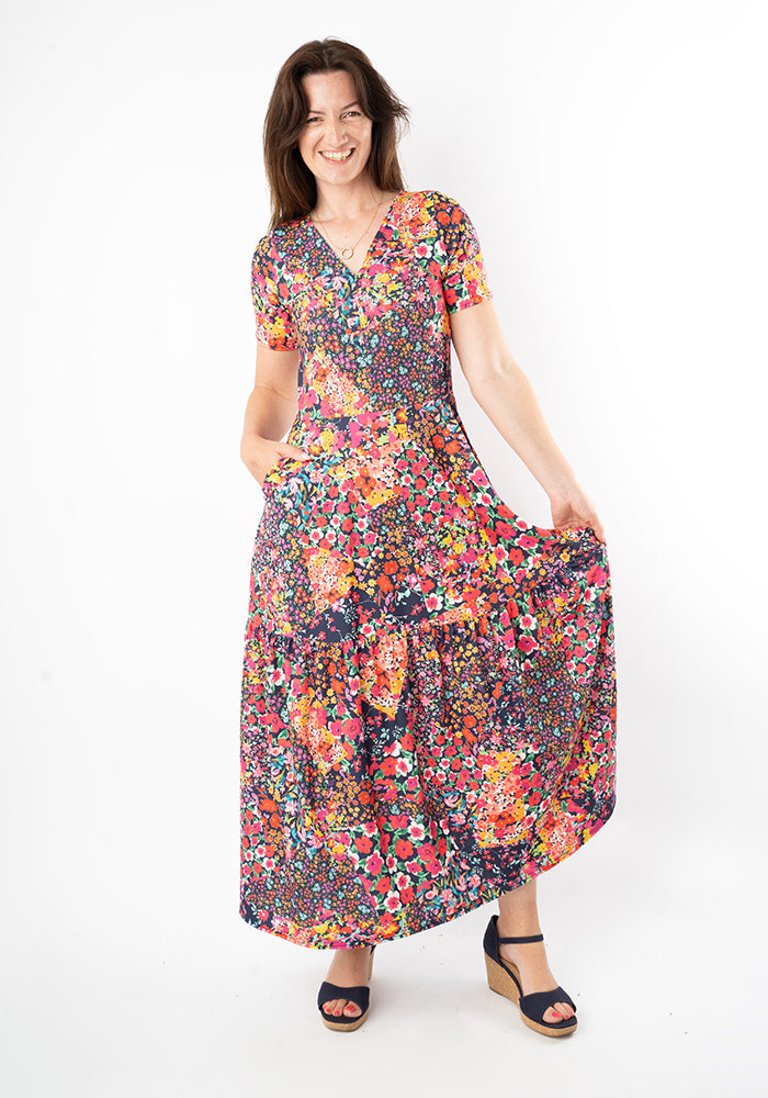 Third angle of Theresa Patchwork Floral Print Tiered Hem Midaxi Dress