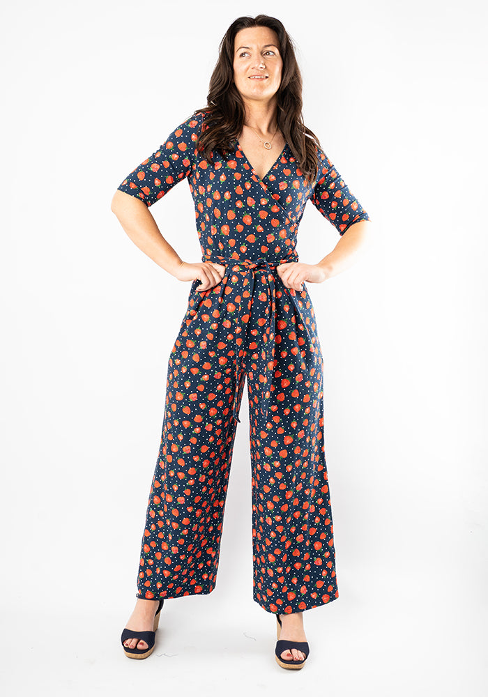 Third angle of Thora Strawberry Print Cotton Culotte Leg Jumpsuit