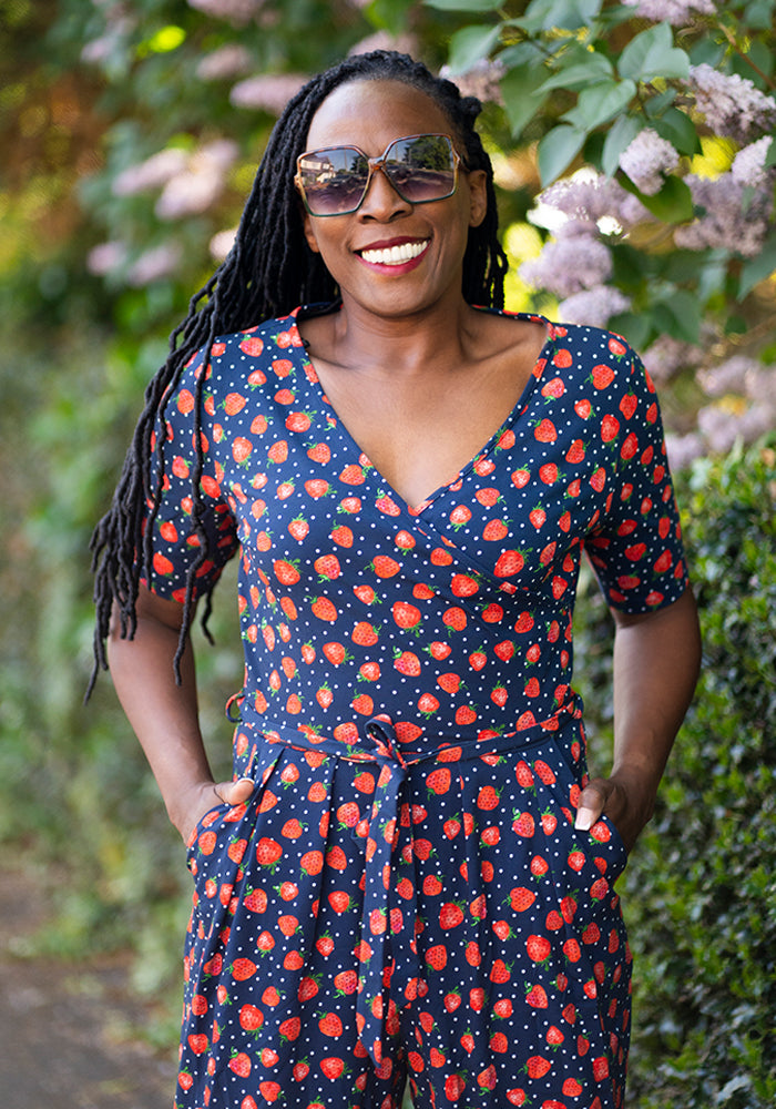 Front view of Thora Strawberry Print Cotton Culotte Leg Jumpsuit