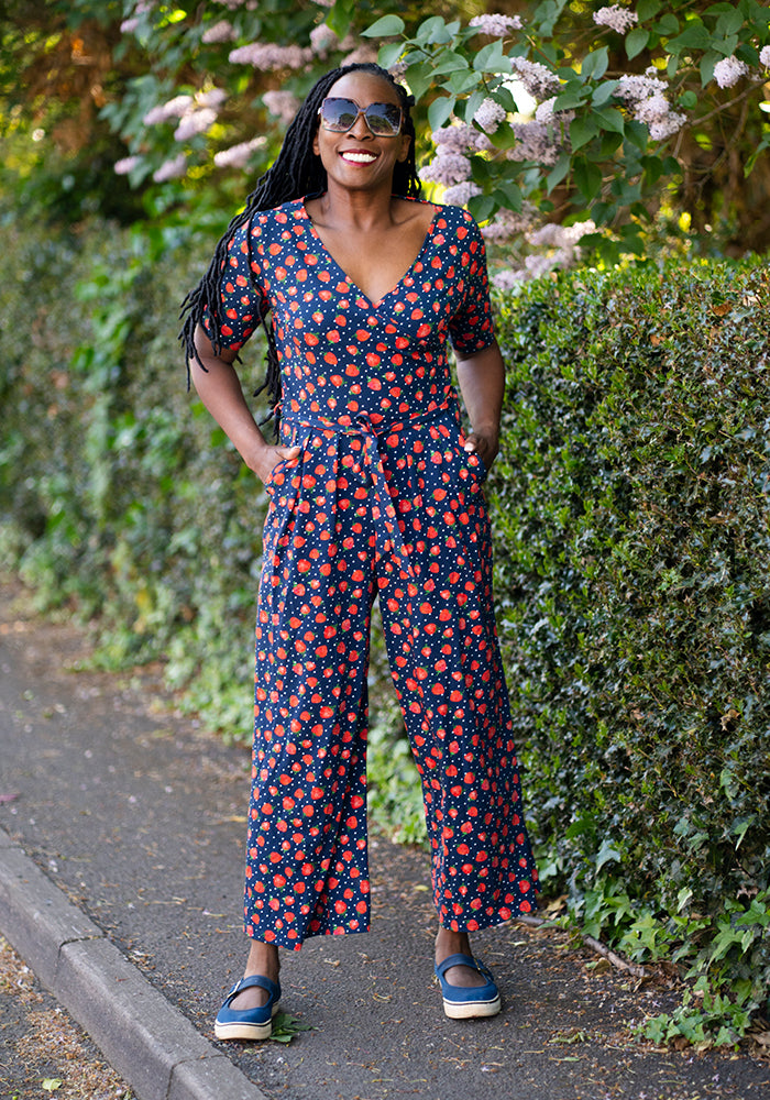Fourth angle of Thora Strawberry Print Cotton Culotte Leg Jumpsuit