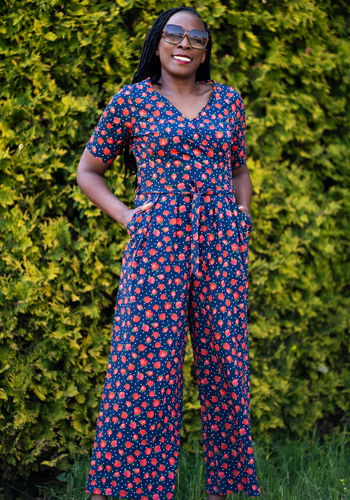 Eighth angle of Thora Strawberry Print Cotton Culotte Leg Jumpsuit