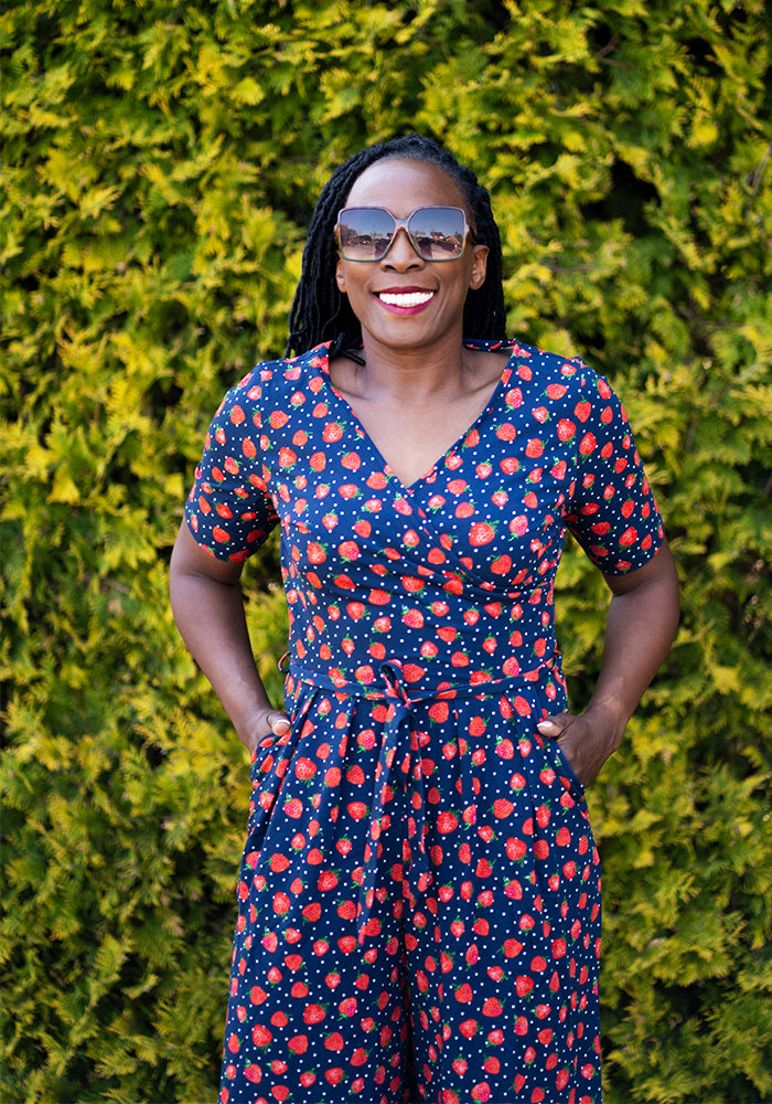Sixth angle of Thora Strawberry Print Cotton Culotte Leg Jumpsuit