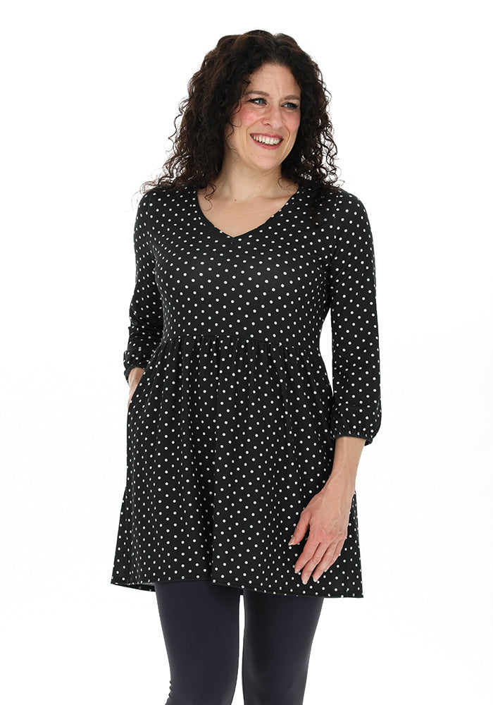 Tia Black &amp; Ecru Spot Print Empire Line Tunic