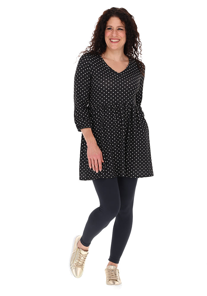 Tia Black &amp; Ecru Spot Print Empire Line Tunic
