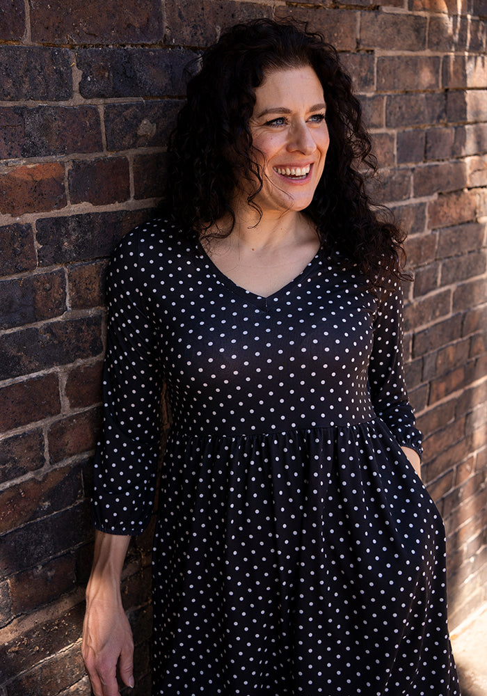 Tia Black &amp; Ecru Spot Print Empire Line Tunic