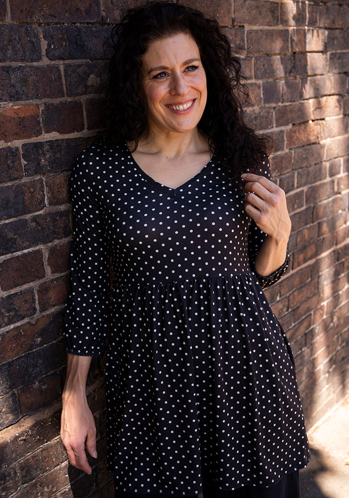 Tia Black &amp; Ecru Spot Print Empire Line Tunic