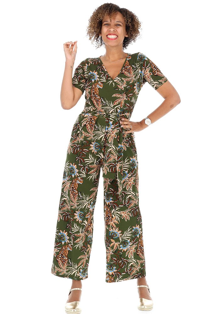 Front view of Tibby Jungle Tiger Print Cotton Culotte Jumpsuit