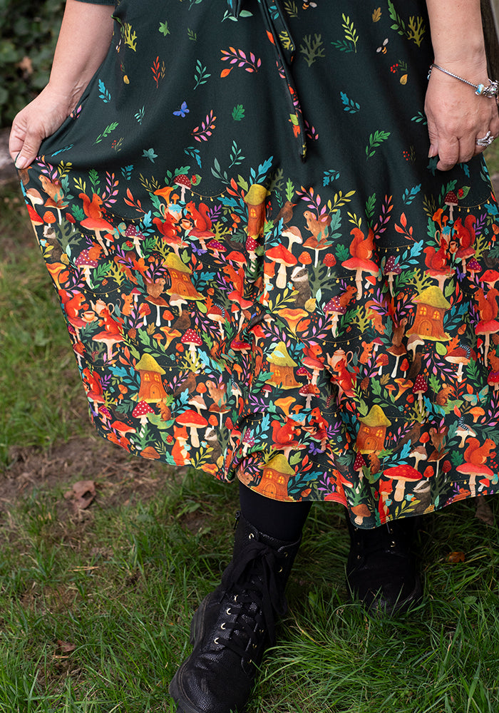 Third angle of Tillia Woodland Tea Party Border Print Midi Dress