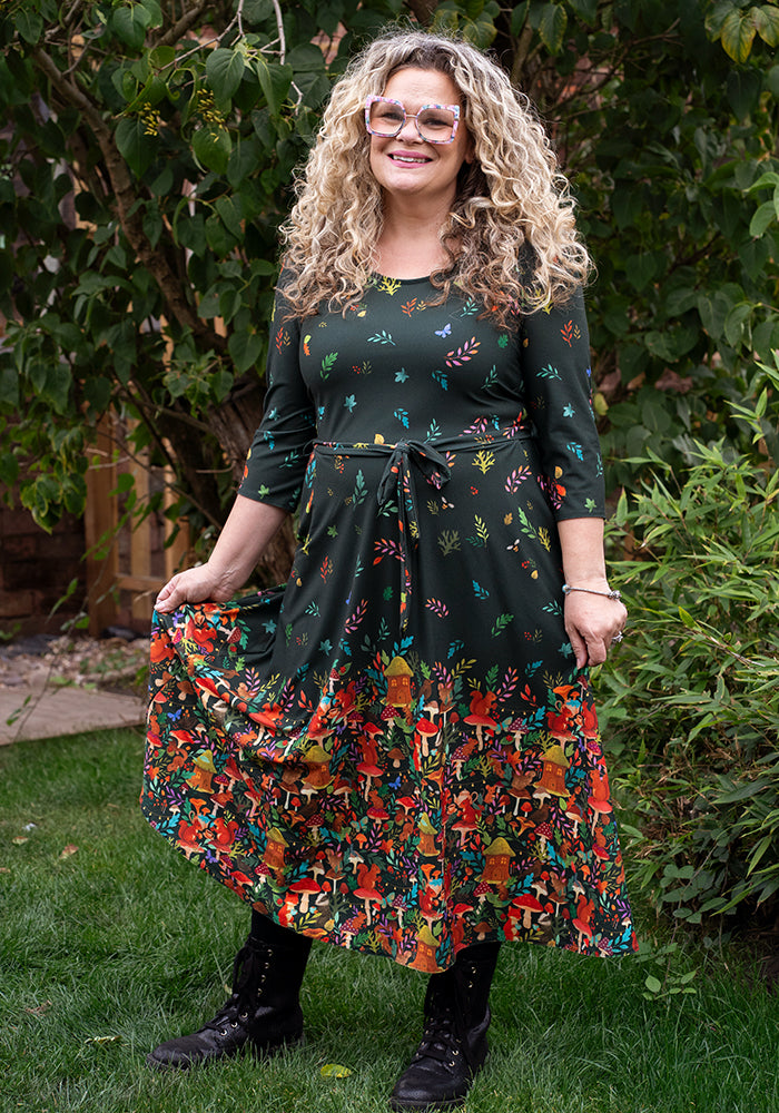 Front view of Tillia Woodland Tea Party Border Print Midi Dress