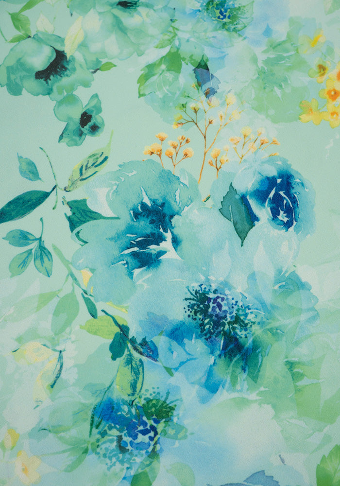 Second angle of Rylah Blue Floral Scuba Crepe Bolero Jacket, soft blue bolero with floral inspired print.