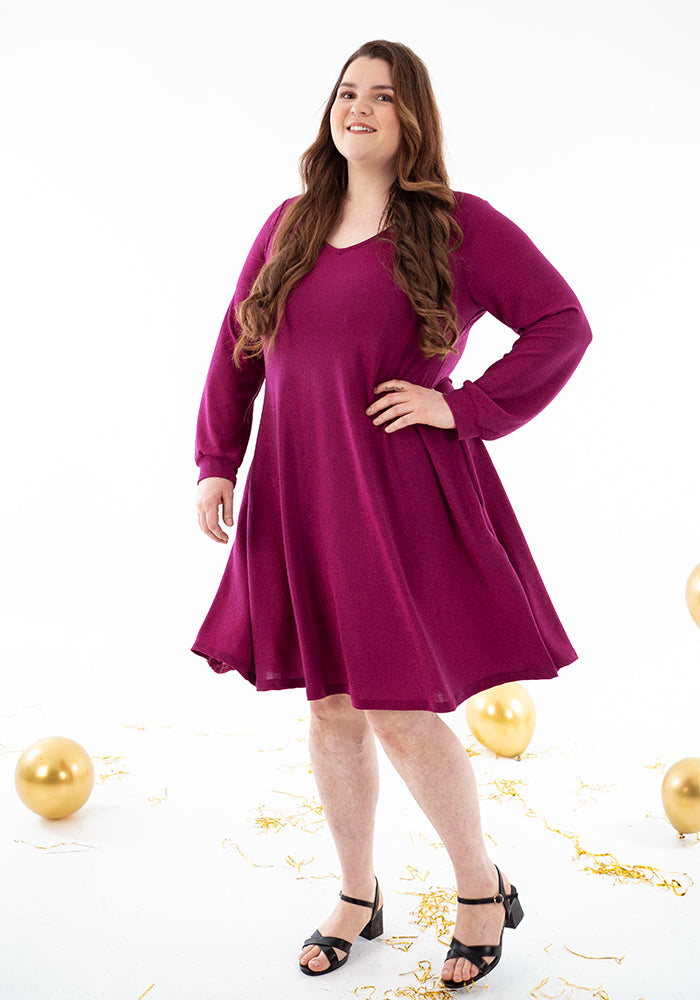 Front view of Tindra Magenta Sparkle Trapeze Dress