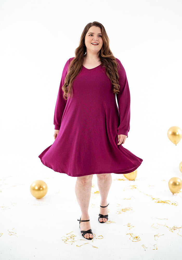 Third angle of Tindra Magenta Sparkle Trapeze Dress
