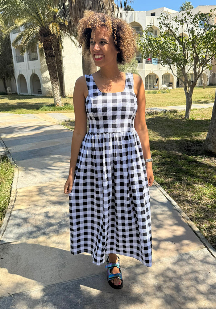 Front view of Betsie Large Mono Gingham Print Cotton Midaxi Dress