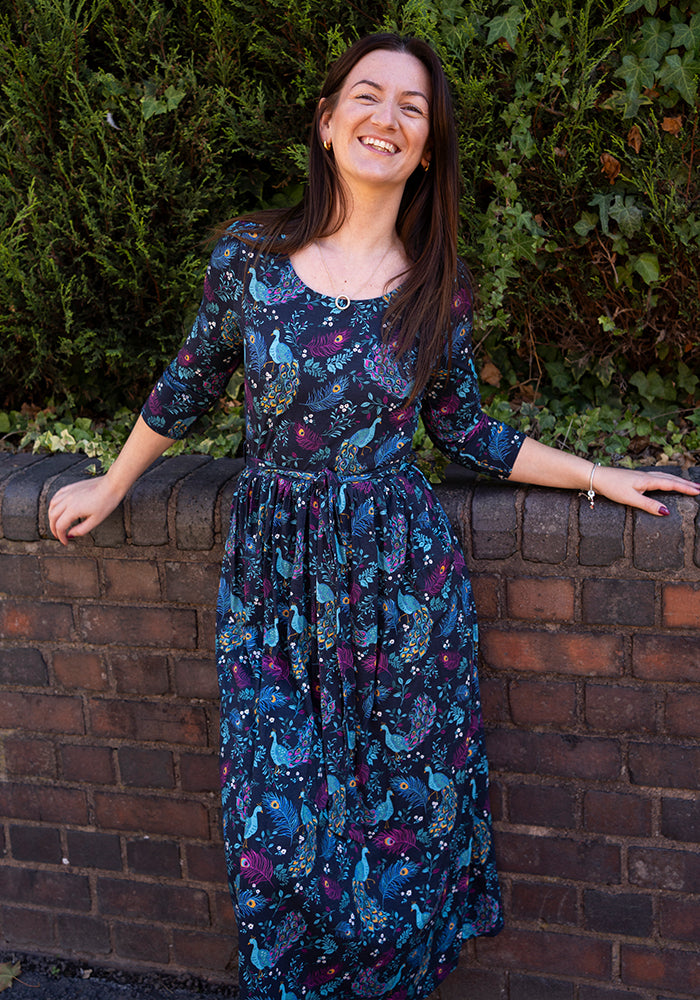 Front view of Tori Peacock Print Viscose Midaxi Dress