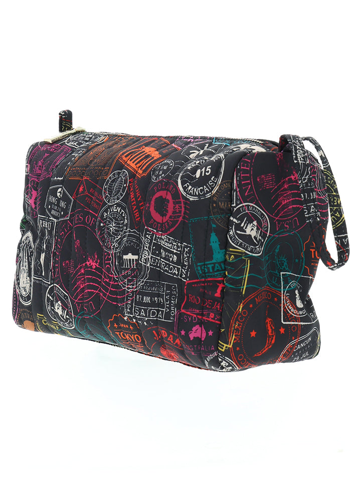 Travel Stamps Print Quilted Makeup Bag