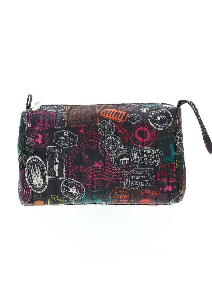 Travel Stamps Print Quilted Makeup Bag