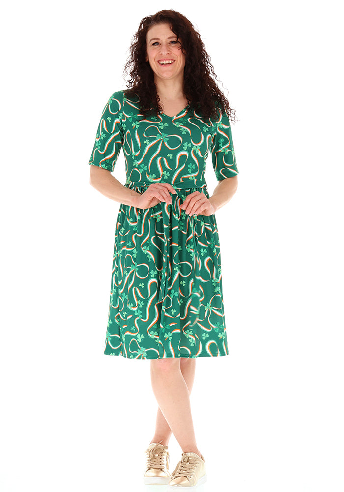 Third angle of Tricolour Ireland Print Gathered Waist Jersey Dress