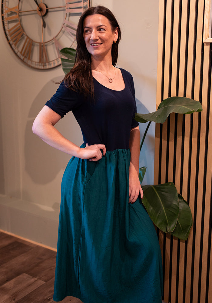 Second angle of Trudi Navy &amp; Teal Colour Block Midi Dress