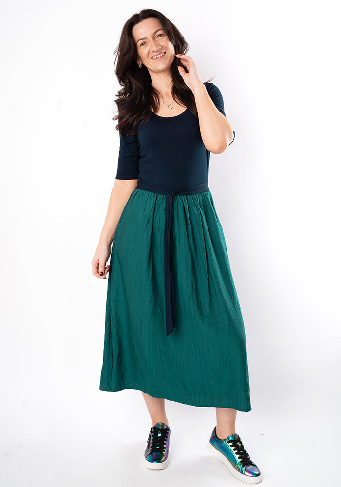 Third angle of Trudi Navy &amp; Teal Colour Block Midi Dress