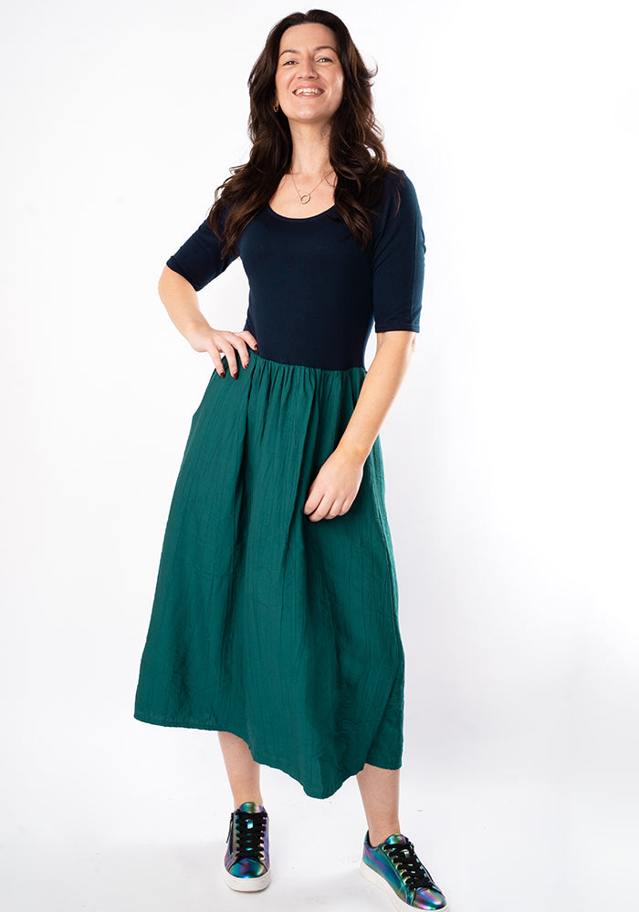Front view of Trudi Navy &amp; Teal Colour Block Midi Dress