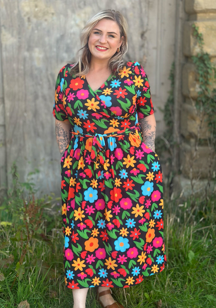 Front view of Ulani Bold Bright Print Midi Dress