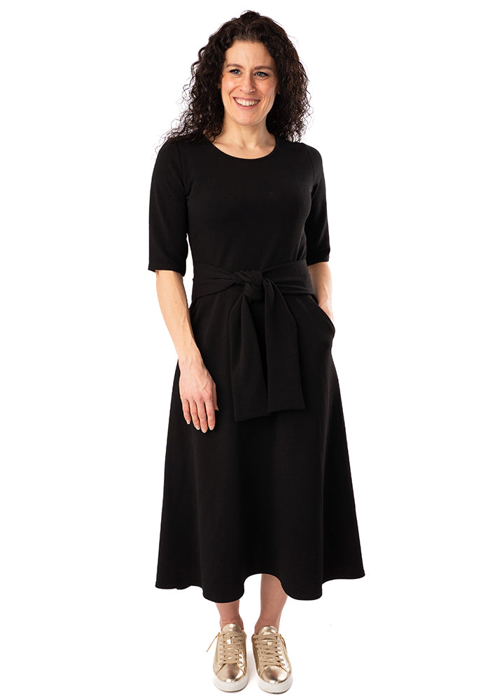 Front view of Uma Black Textured Crepe Midi Dress