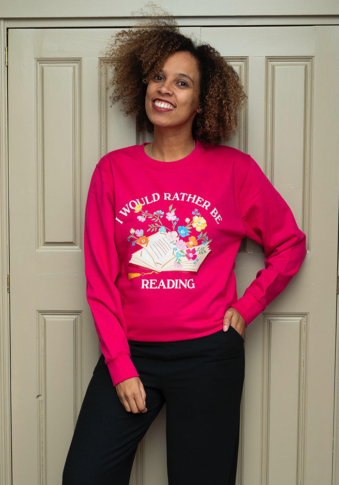 Second angle of Rather Be Reading Print Sweatshirt (Hot Pink)