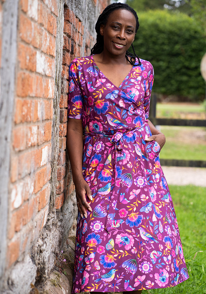 Front view of Vale Painted Bird Print Midi Dress