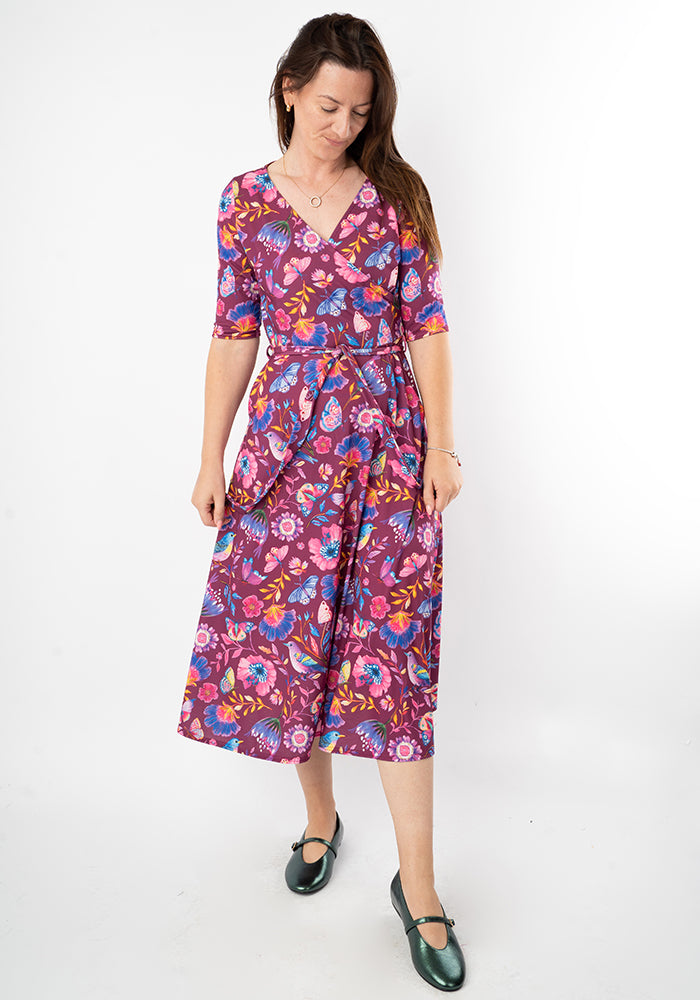 Third angle of Vale Painted Bird Print Midi Dress