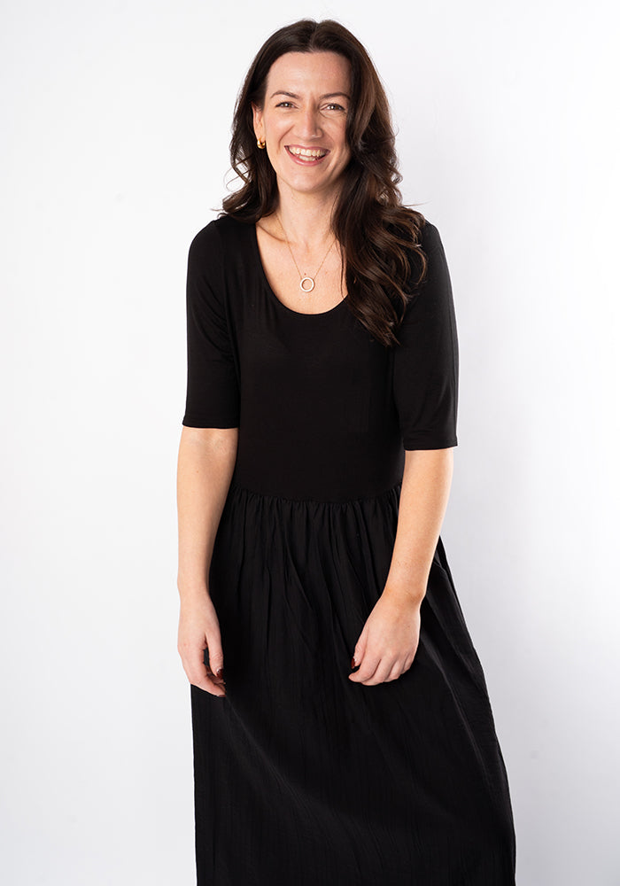 Fifth angle of Vara Mixed Fabric Midi Dress (Black)
