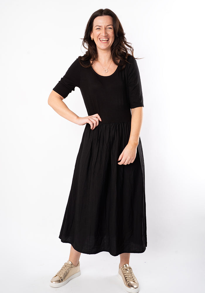 Front view of Vara Mixed Fabric Midi Dress (Black)