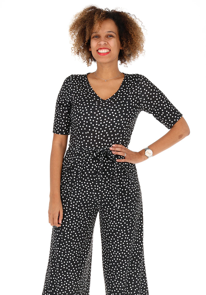 Third angle of Vashti Mono Polka Dot Print Jersey Culotte Jumpsuit