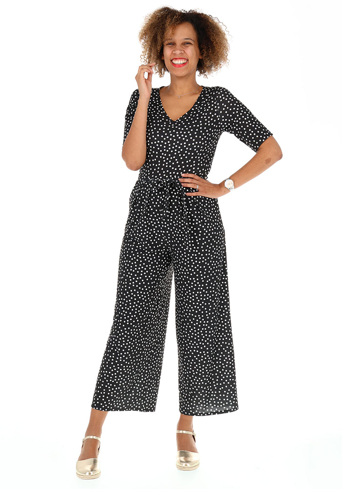 Front view of Vashti Mono Polka Dot Print Jersey Culotte Jumpsuit