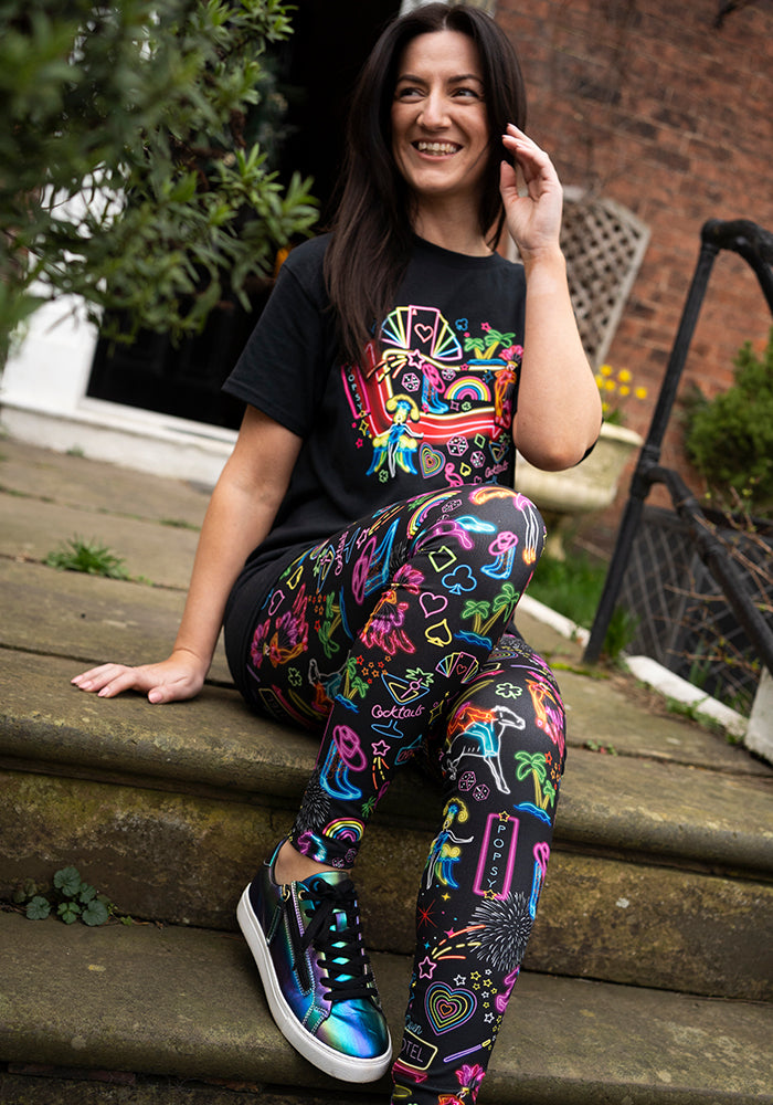 Fifth angle of Vegas Graphic Print T-Shirt, a black tee with a neon Vegas inspired graphic.