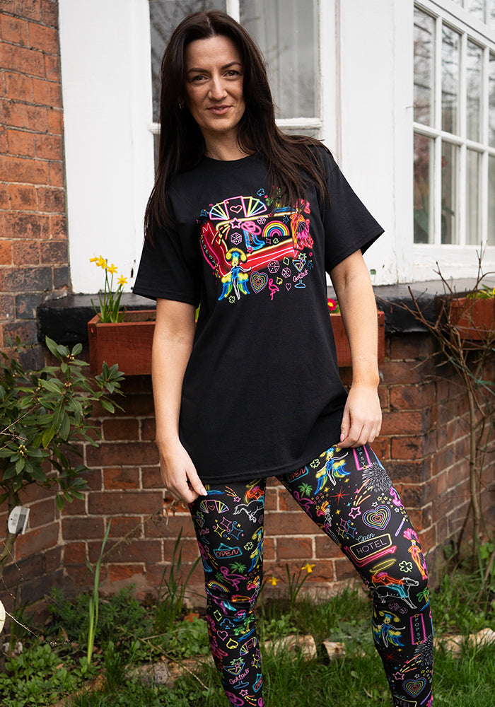Second angle of Vegas Graphic Print T-Shirt, a black tee with a neon Vegas inspired graphic.