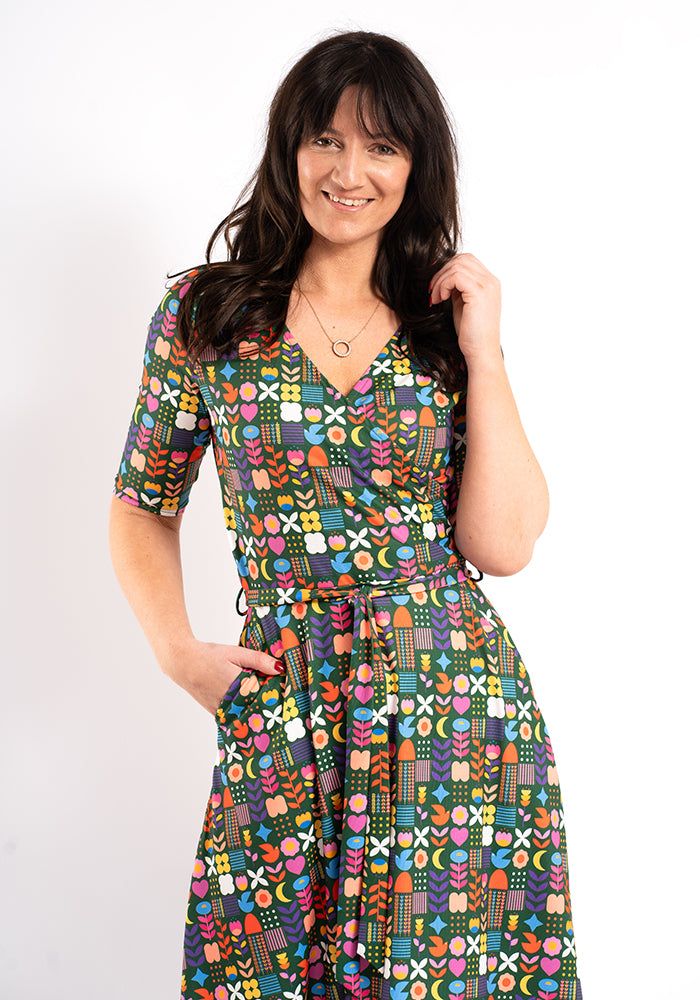 Front view of Veneha Retro Tile Print Midi Dress