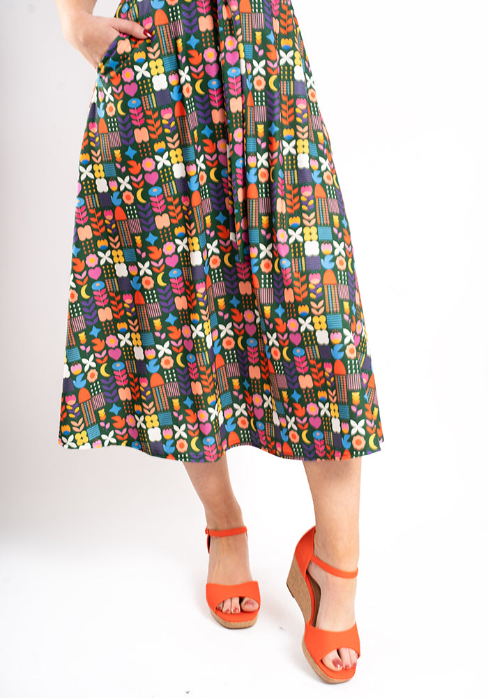 Third angle of Veneha Retro Tile Print Midi Dress