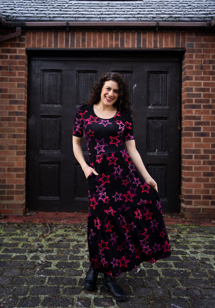 Verity Ditsy Stars Print Tiered Hem Viscose Midaxi Dress