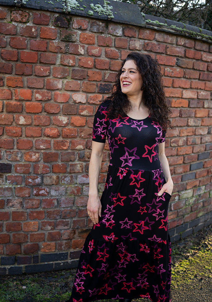 Verity Ditsy Stars Print Tiered Hem Viscose Midaxi Dress