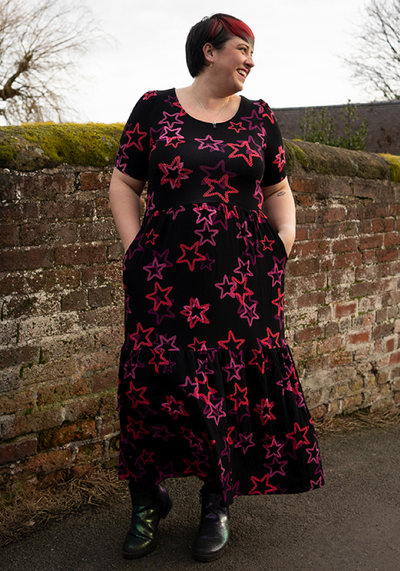 Verity Ditsy Stars Print Tiered Hem Viscose Midaxi Dress