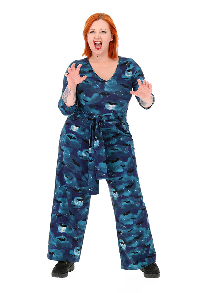Vesper Teal Bat In Night Sky Print Full Leg Cotton Jumpsuit
