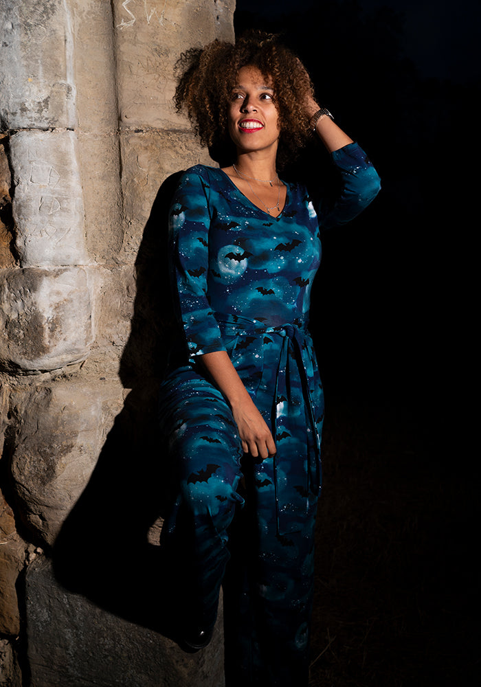 Vesper Teal Bat In Night Sky Print Full Leg Cotton Jumpsuit