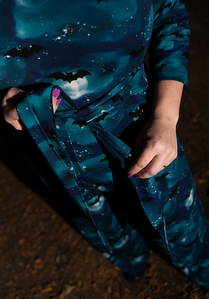 Vesper Teal Bat In Night Sky Print Full Leg Cotton Jumpsuit
