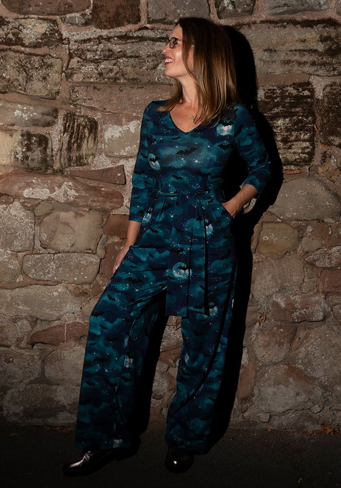 Vesper Teal Bat In Night Sky Print Full Leg Cotton Jumpsuit