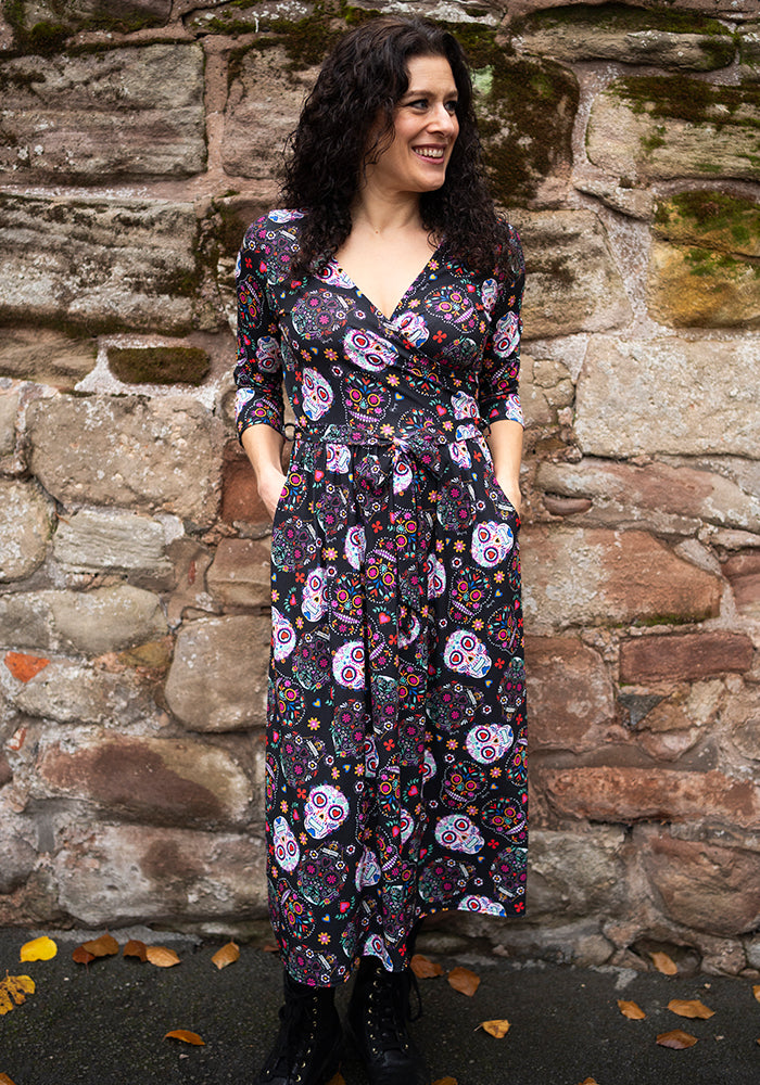 Front view of Veya Skull Print Midi Dress