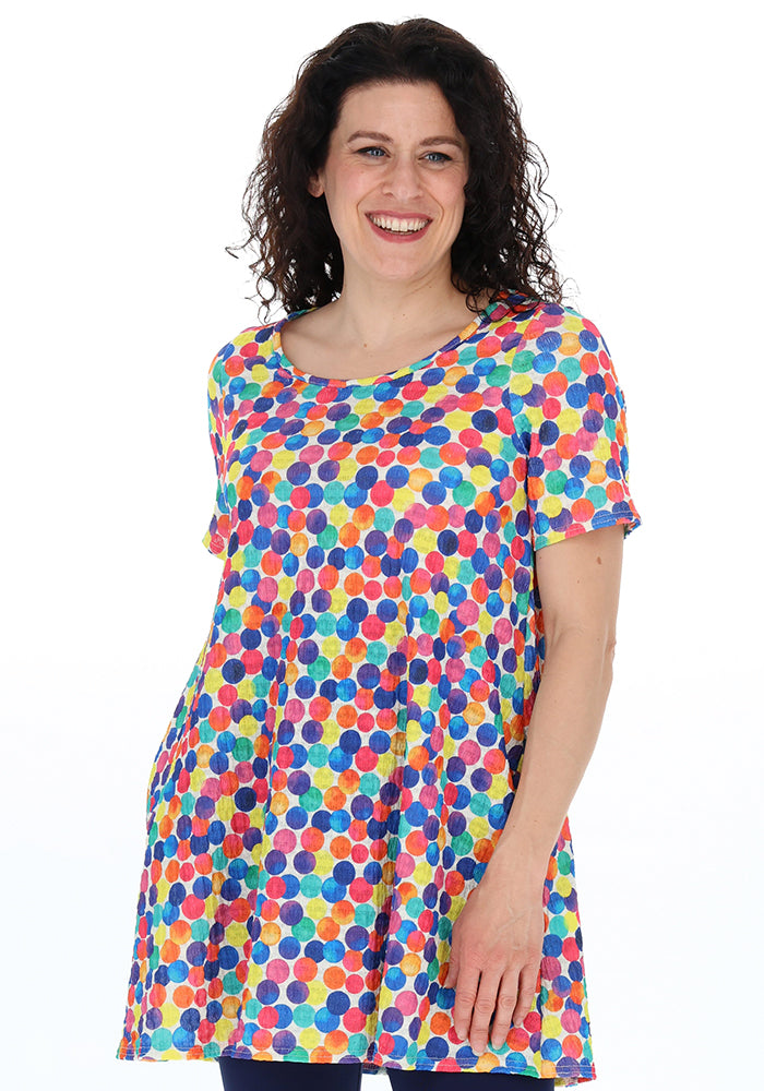 Front view of Vina Spots Rainbow Print Tunic (Cream)