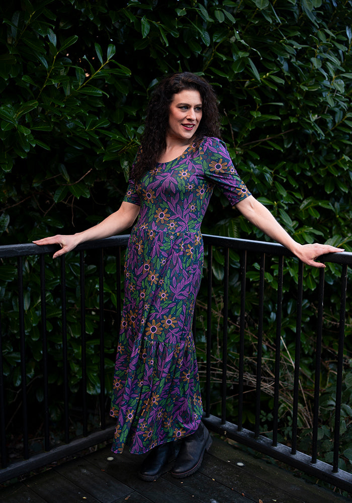 Seventh angle of Virginia Floral Embroidery Print Tiered Hem Midaxi Dress
