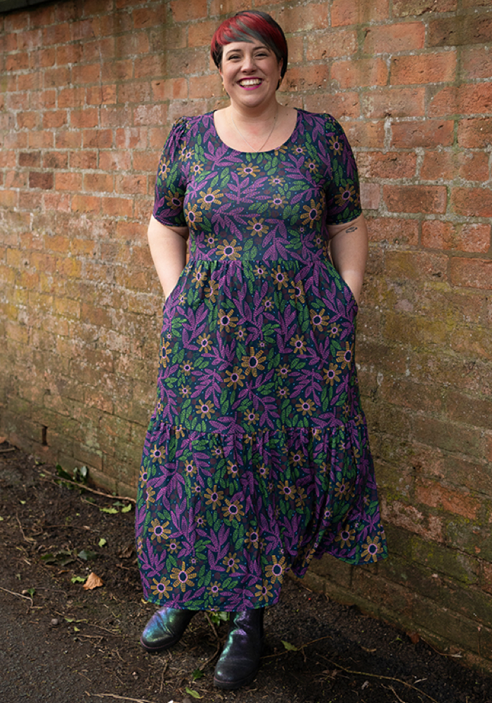 Front view of Virginia Floral Embroidery Print Tiered Hem Midaxi Dress