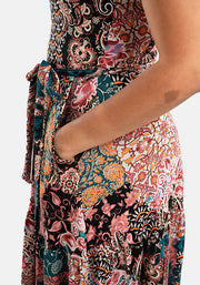 Vita Boho Patchwork Sleeveless Tiered Hem Cotton Midi Dress