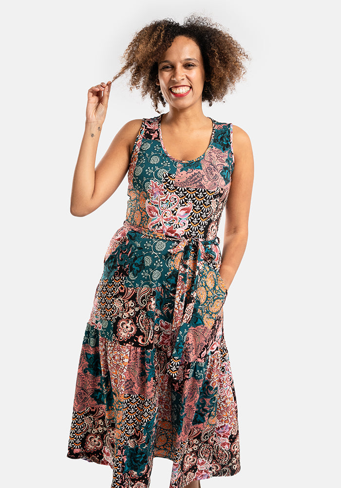 Vita Boho Patchwork Sleeveless Tiered Hem Cotton Midi Dress